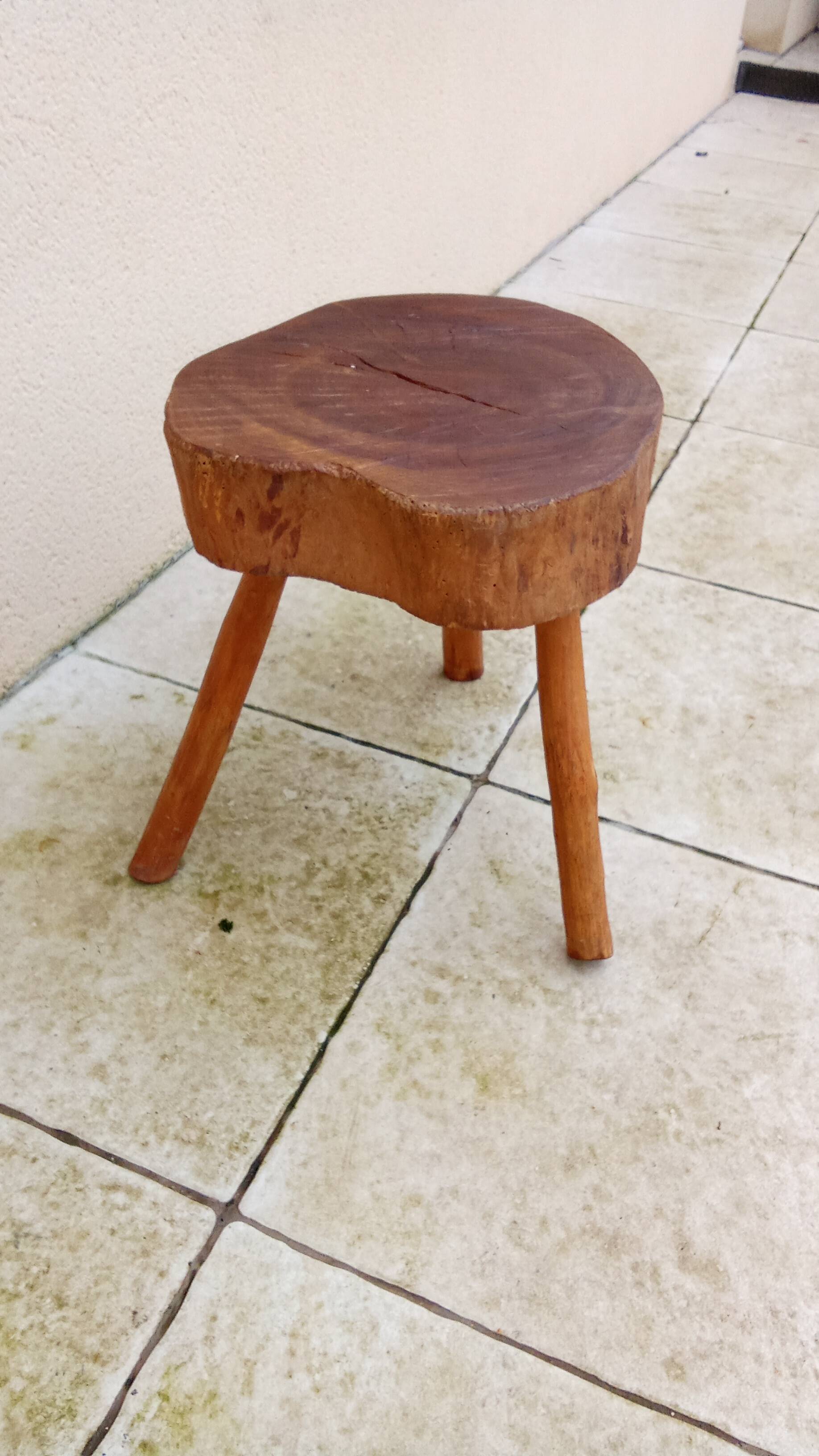 small vintage brutalist wooden tripod side table