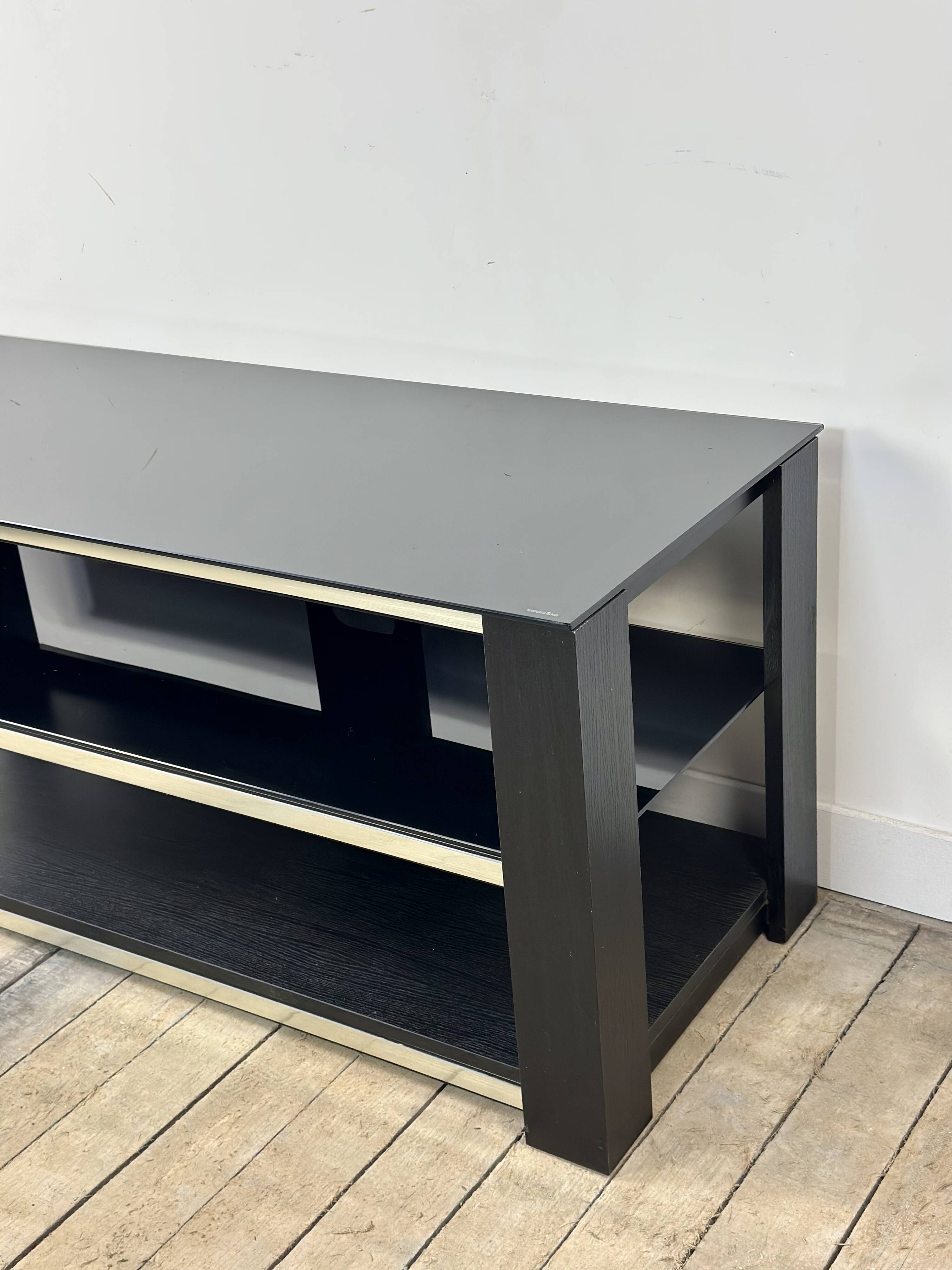 Tv hi-fi unit in black melamine and brushed aluminium, vintage 80s.