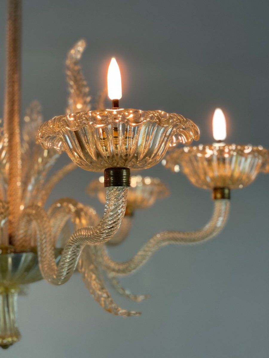 Venetian chandelier in gilded murano glass, 6 arms of light