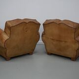 Pair of French club chairs with moustache back in cognac leather, 1940s