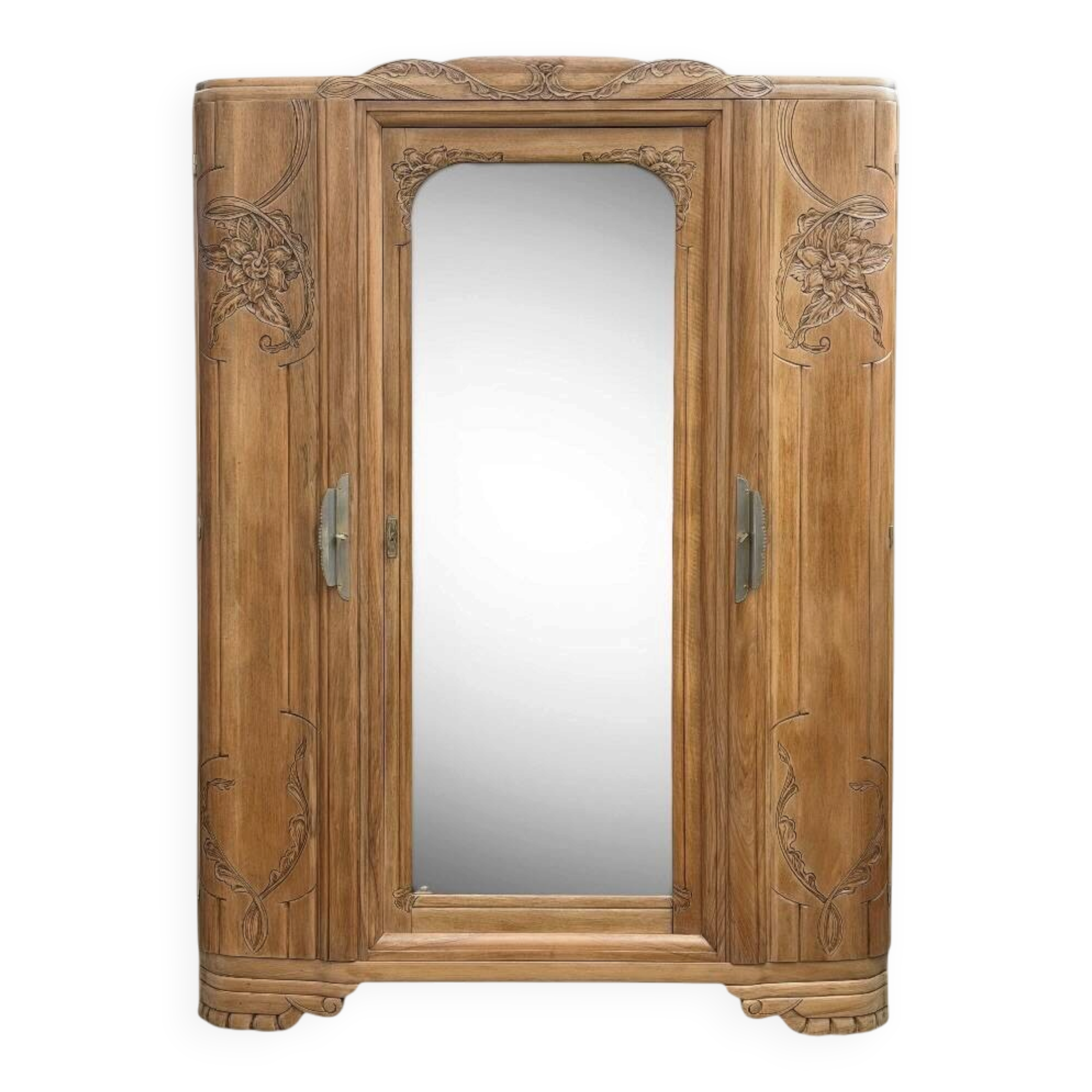 Art Deco wardrobe with bevelled mirror in solid raw walnut.