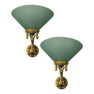 Large Green Murano Glass Brass Sconces Set of 2
