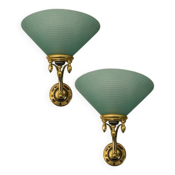 Lot de 2 grandes appliques en verre de Murano vert et laiton
