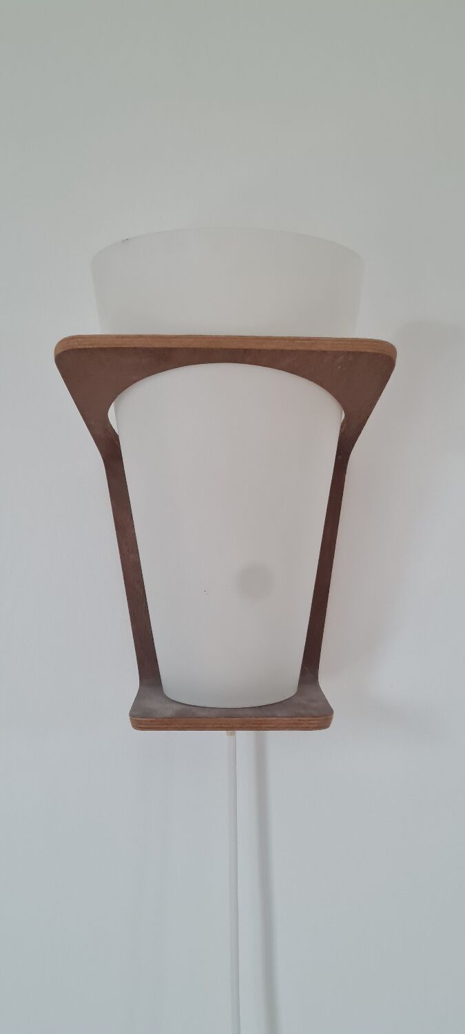Pair of Louis Kalff frosted wood and opaline sconces