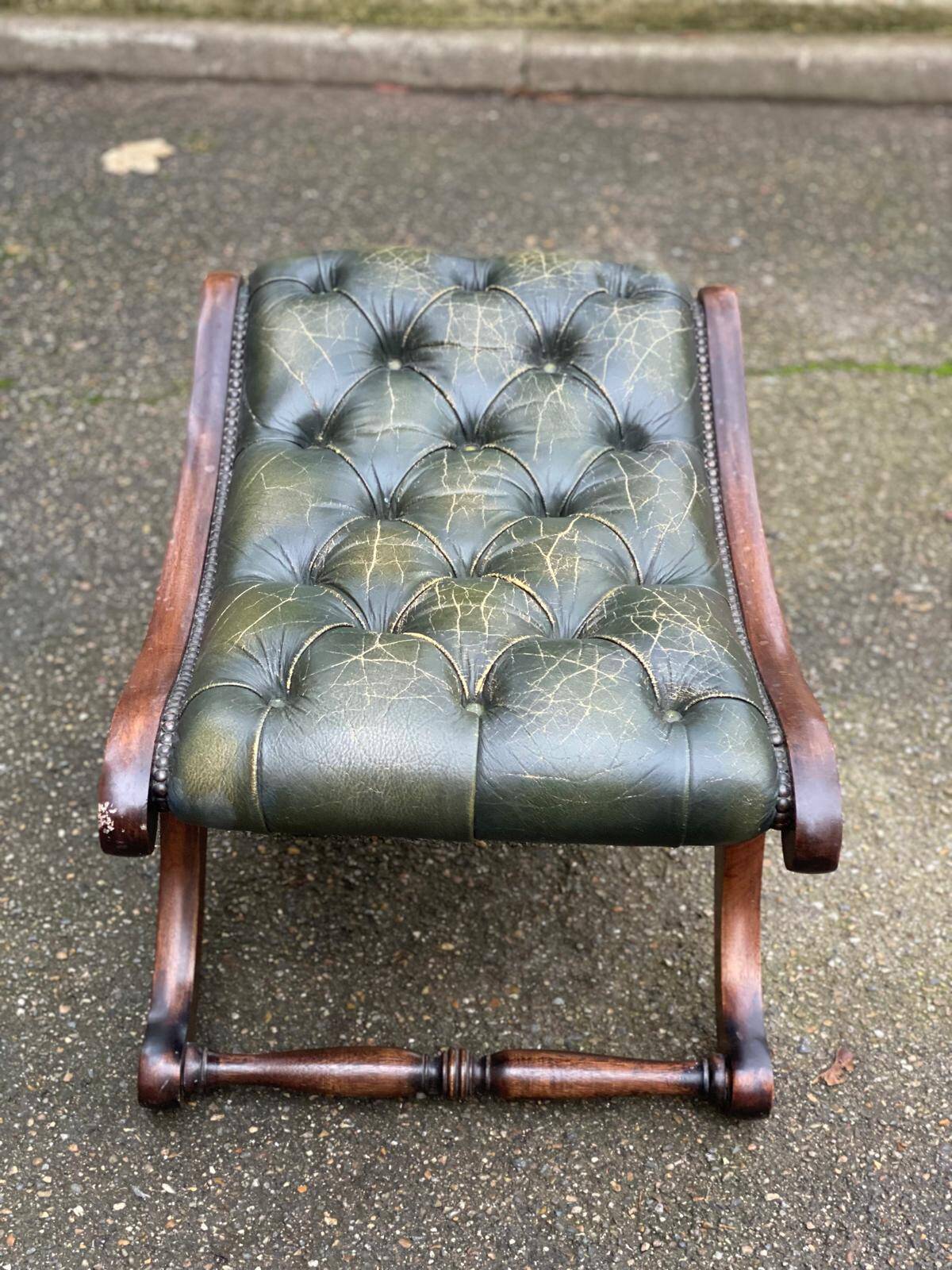 Chesterfield pouf in olive green leather, footstool