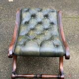 Chesterfield pouf in olive green leather, footstool
