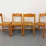 Set of 4 vintage brutalist chairs in light wood and straw from the 70s