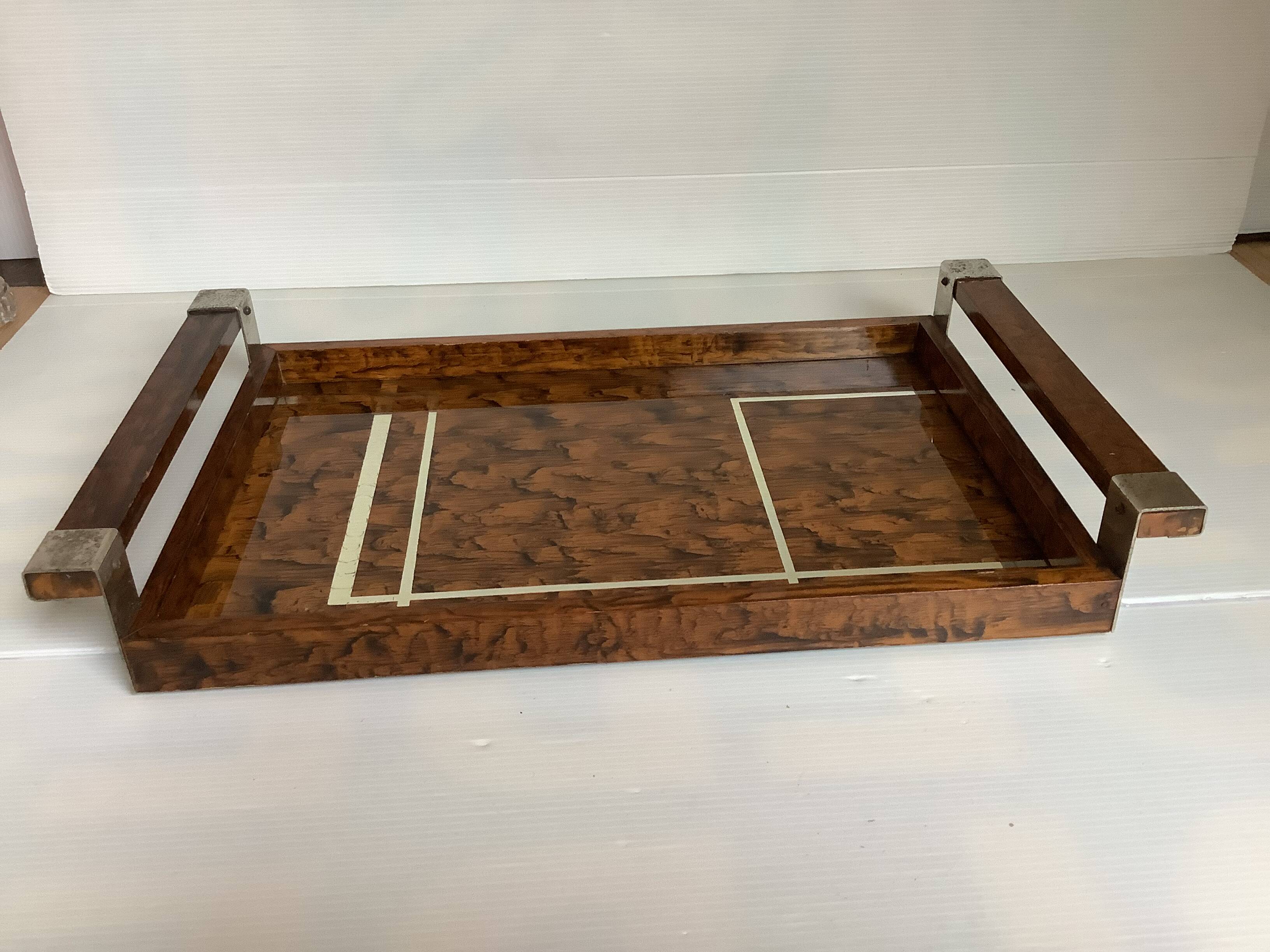 Old tray with art deco wooden handles