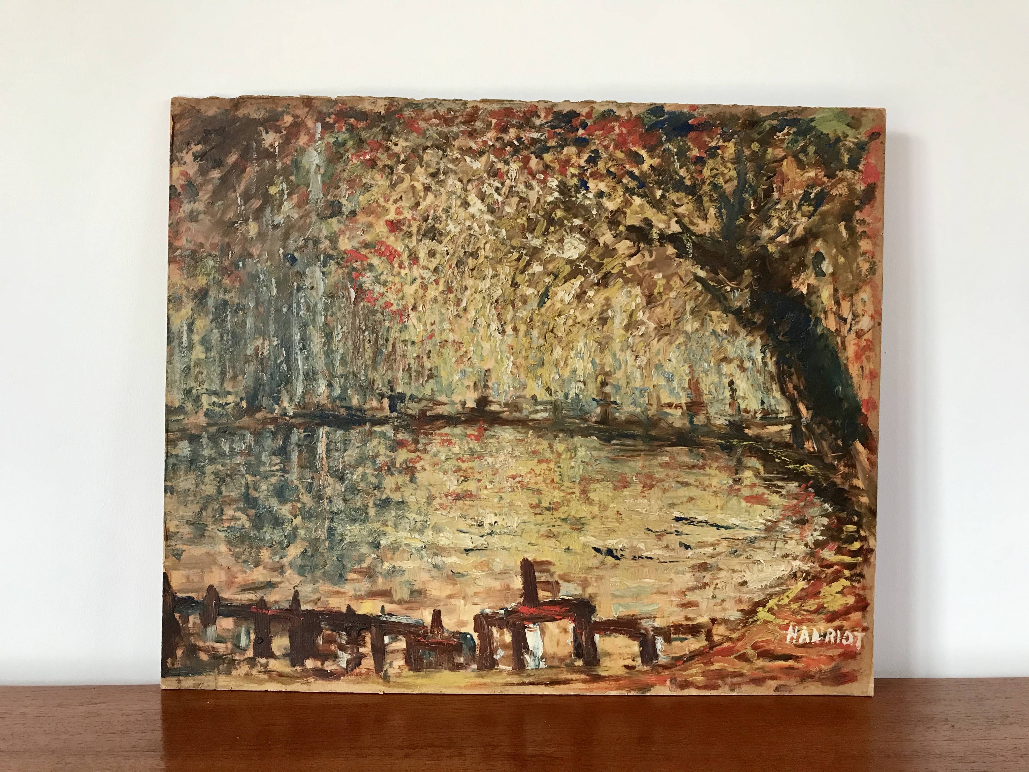 oil on pointillism landscape panel signed Hanriot 20th century