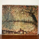 oil on pointillism landscape panel signed Hanriot 20th century