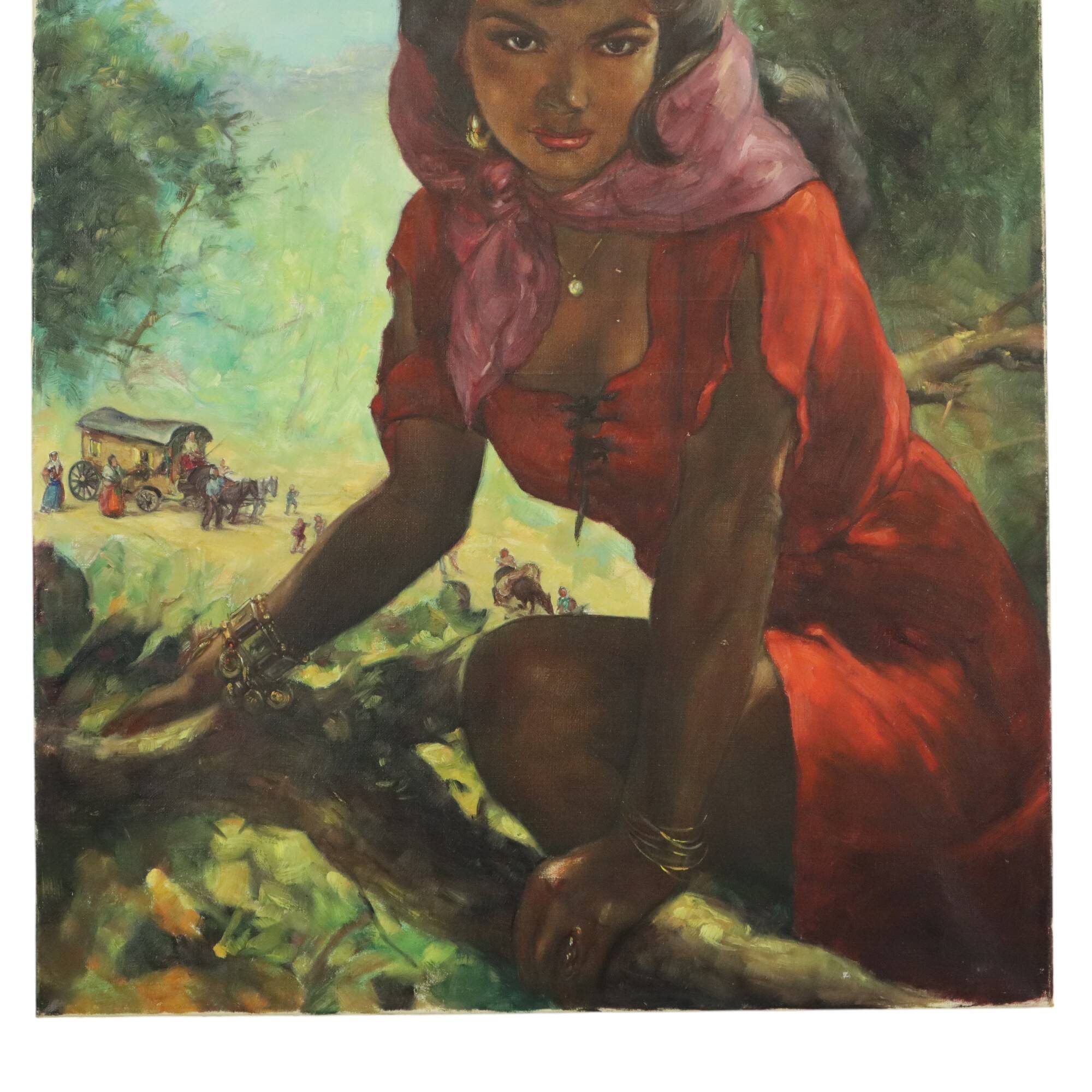 Large Painting Gypsy Young Woman Oil on Canvas 1964