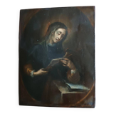 Ancien tableau sur bois représentant un saint portant un crucifix, école italienne du XVe siècle