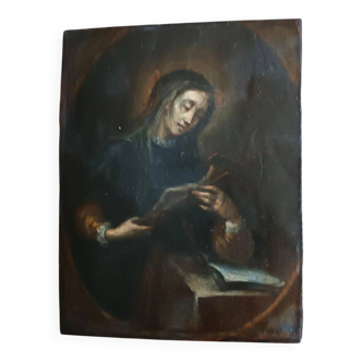 Ancien tableau sur bois représentant un saint portant un crucifix, école italienne du XVe siècle