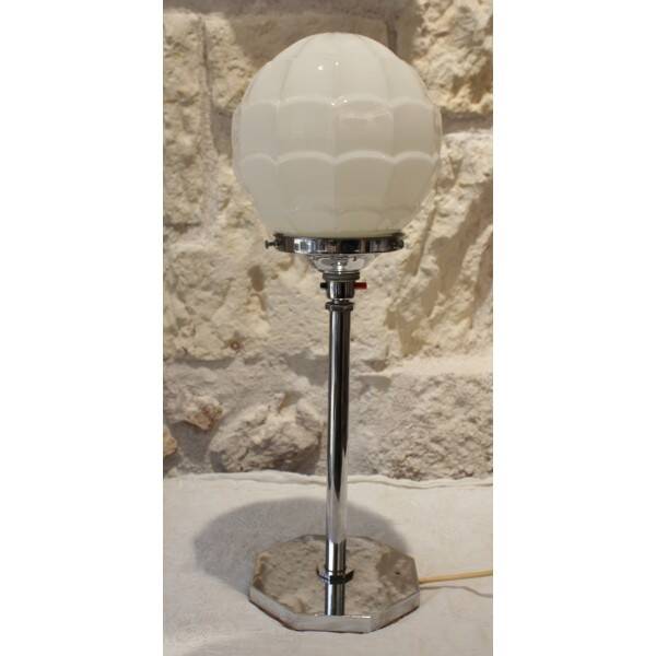 Chrome metal lamp with glass globe, Art Deco style, 20th century period.