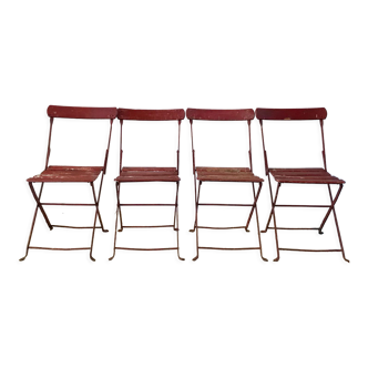 Set of 4 folding iron and wood garden chairs early twentieth century