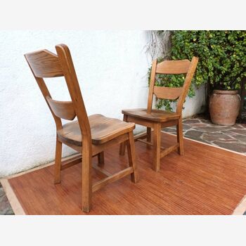 Set of 4 brutalist chalet-style oak chairs