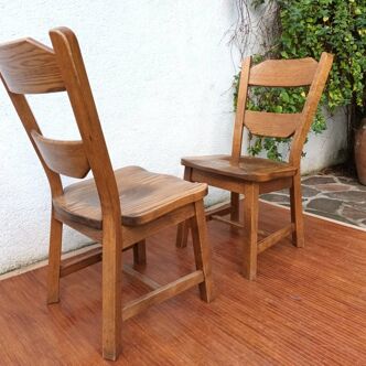 Set of 4 brutalist chalet-style oak chairs