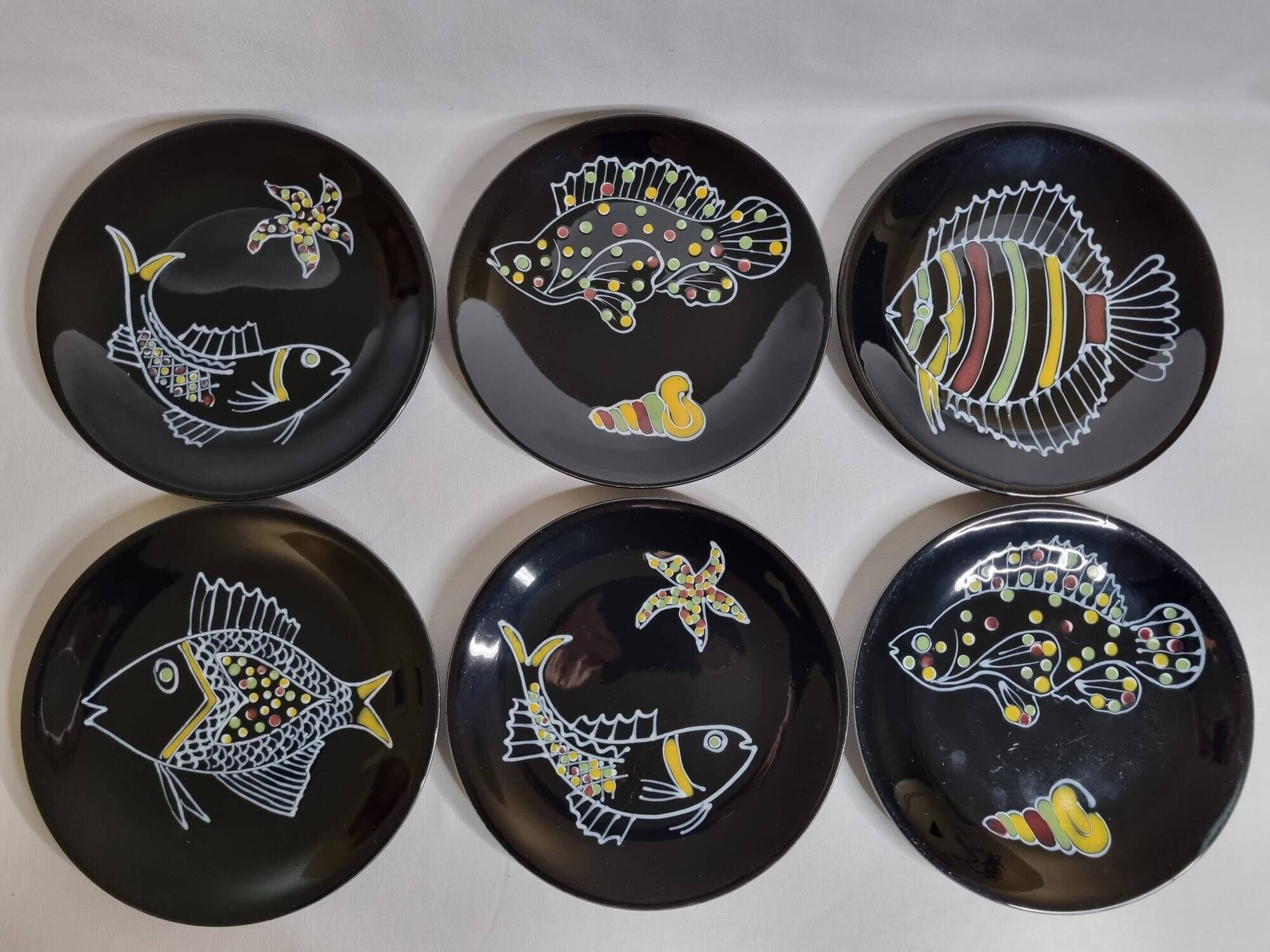 Set of 6 vintage plates with fish decoration after Robert Picault, 1960, 24 cm