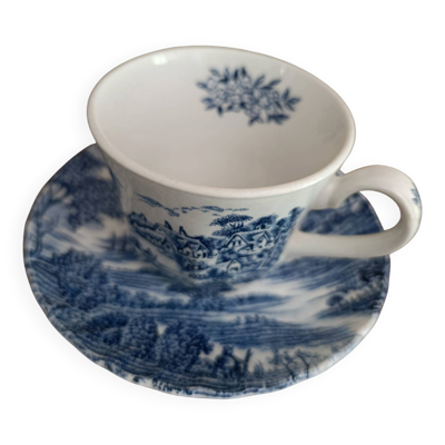 tasse et sa sous-tasse faience anglaise bleue   Ridgway Staffordshire