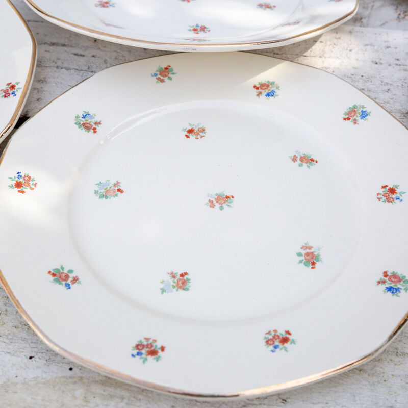 6 flat plates pattern small flowers signed Sarreguemines