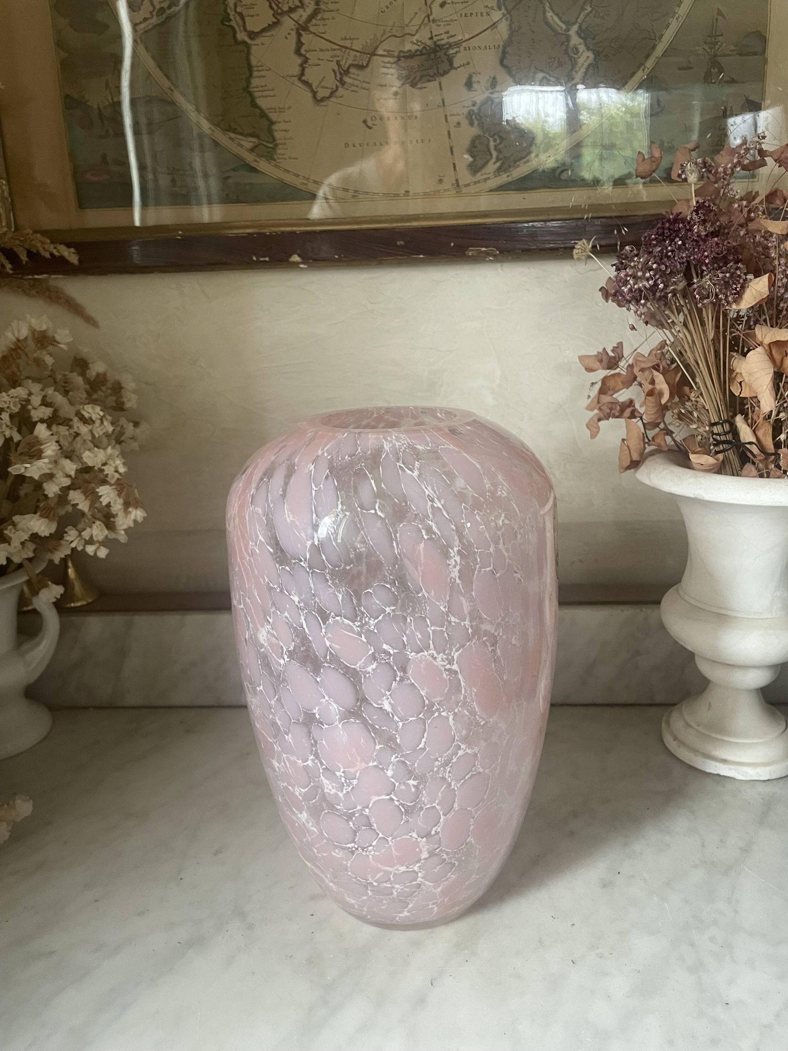 Marbled pink blown glass art vase, La Rochère