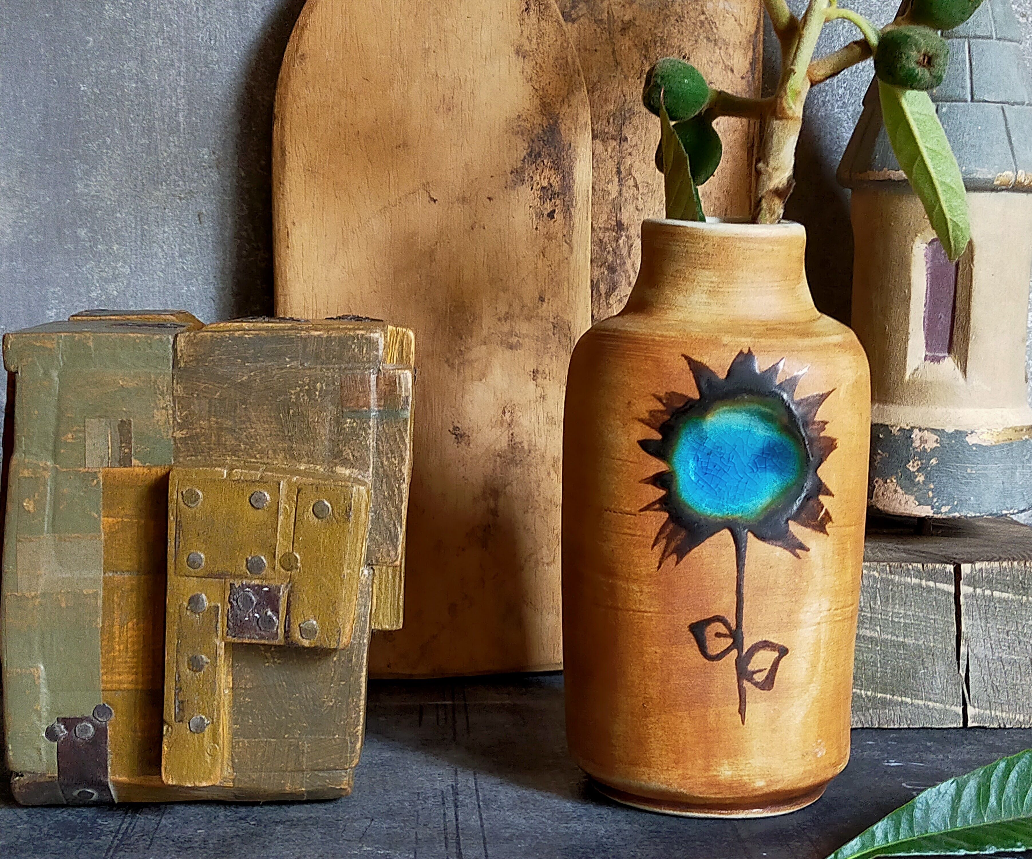 Ceramic vase "Poterie du Colombier" vintage blue sun