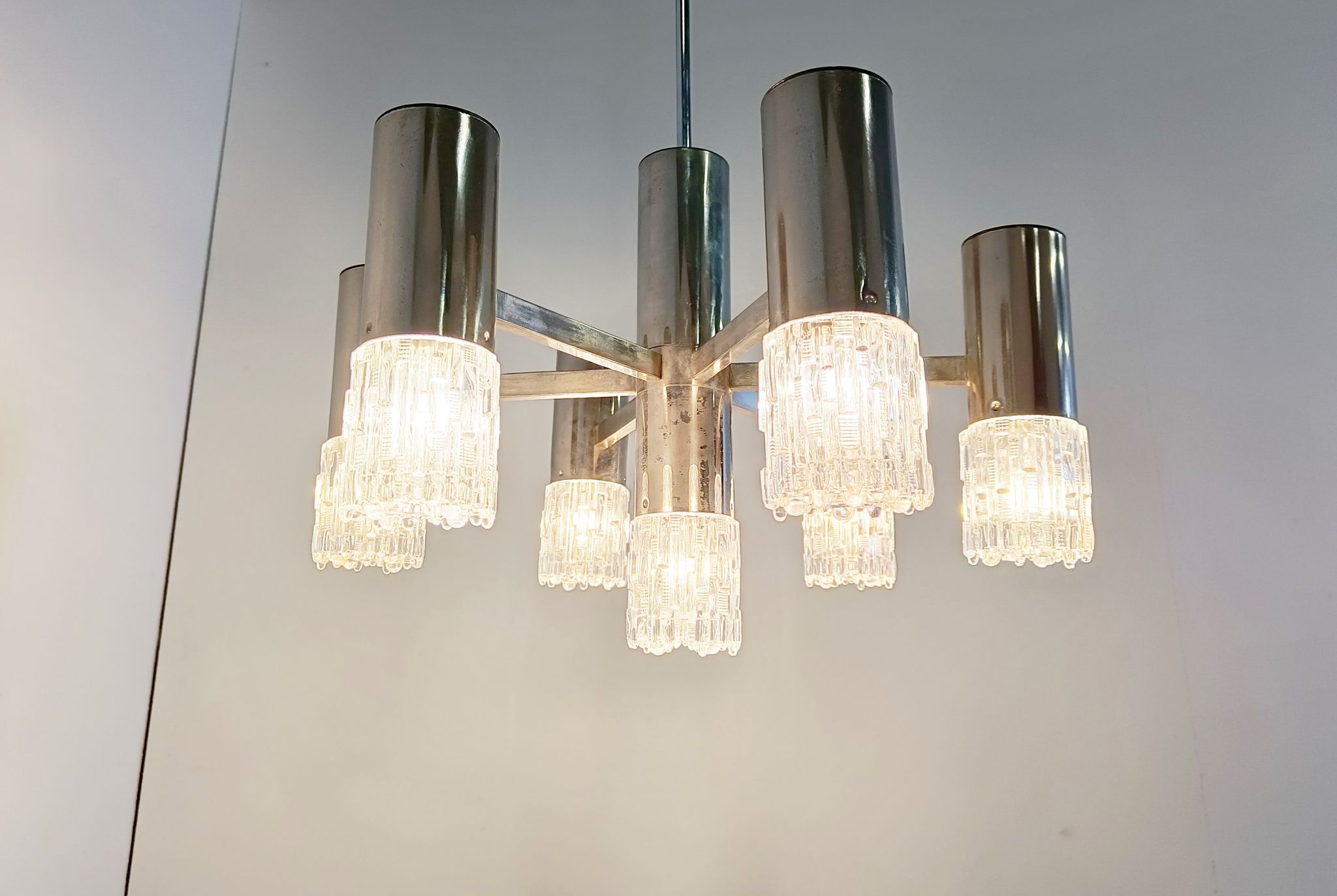Lustre en chrome et verre, années 1970