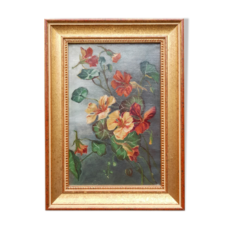 Painting on canvas nasturtium flowers, golden wood surround