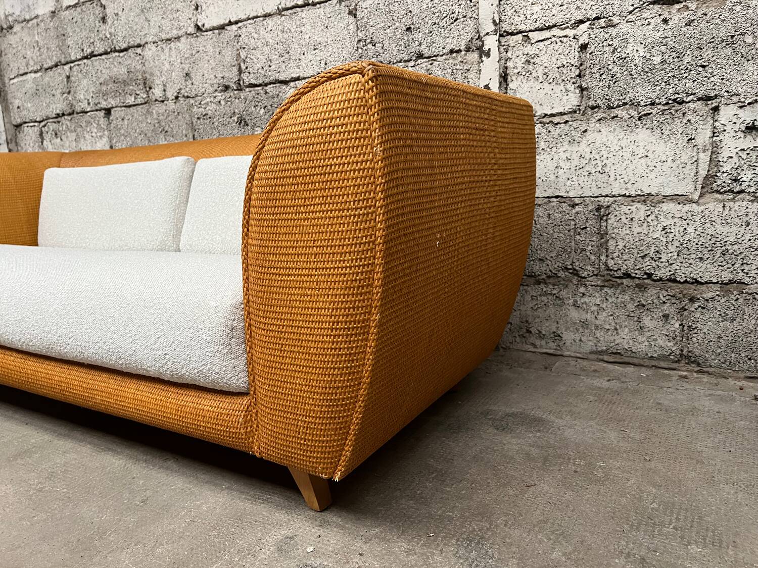 Vintage rattan sofa design 1970 ecru French terry fabric