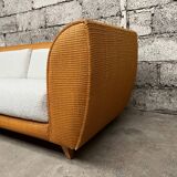 Vintage rattan sofa design 1970 ecru French terry fabric