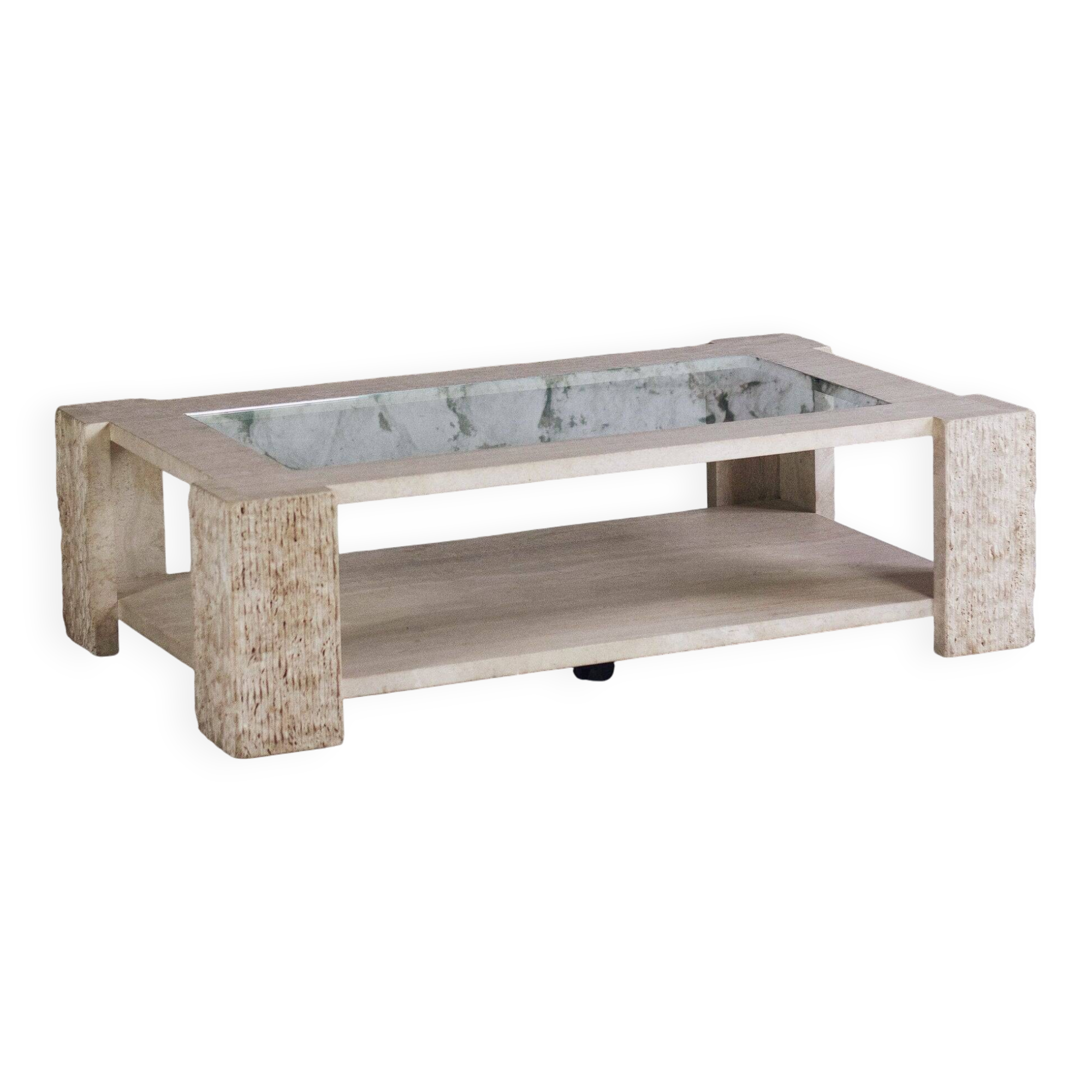Coffee table in travertine and glass by Claude Berraldacci
