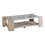Coffee table in travertine and glass by Claude Berraldacci