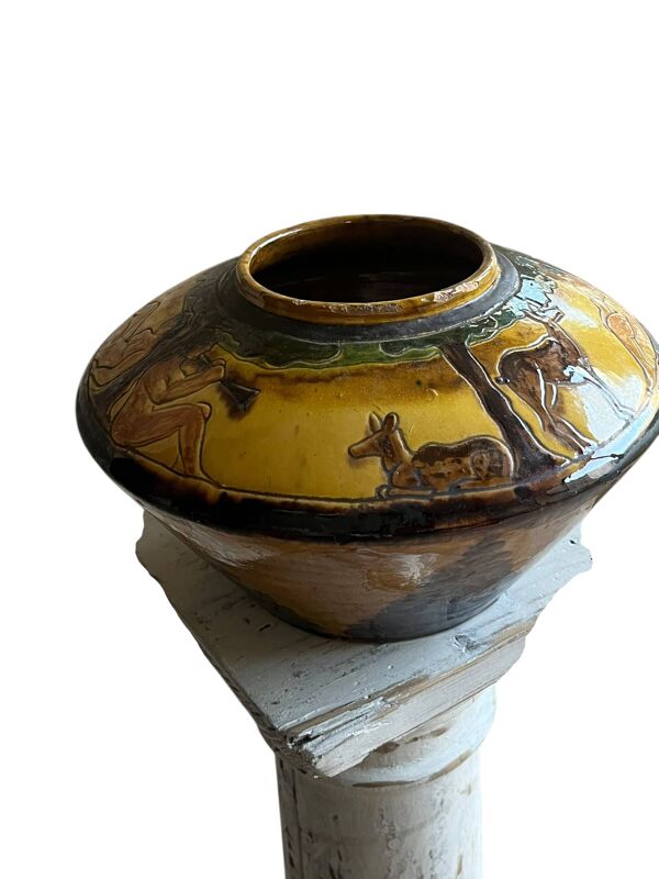 Chomel. 1931. Vase Art Deco “Jardin d’Eden” . Terre cuite vernissée h 16 cm