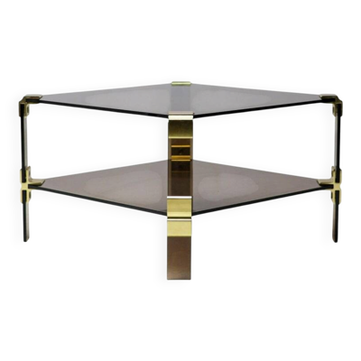 Table basse Hollywood Regency en verre fumé – Construction modulaire en laiton