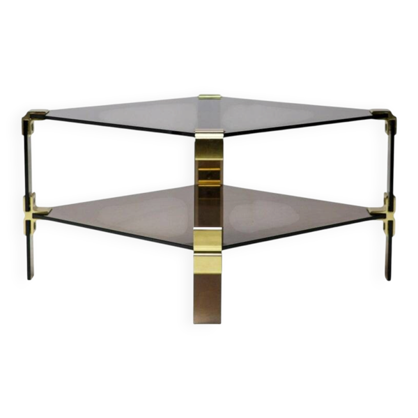 Table basse Hollywood Regency en verre fumé – Construction modulaire en laiton