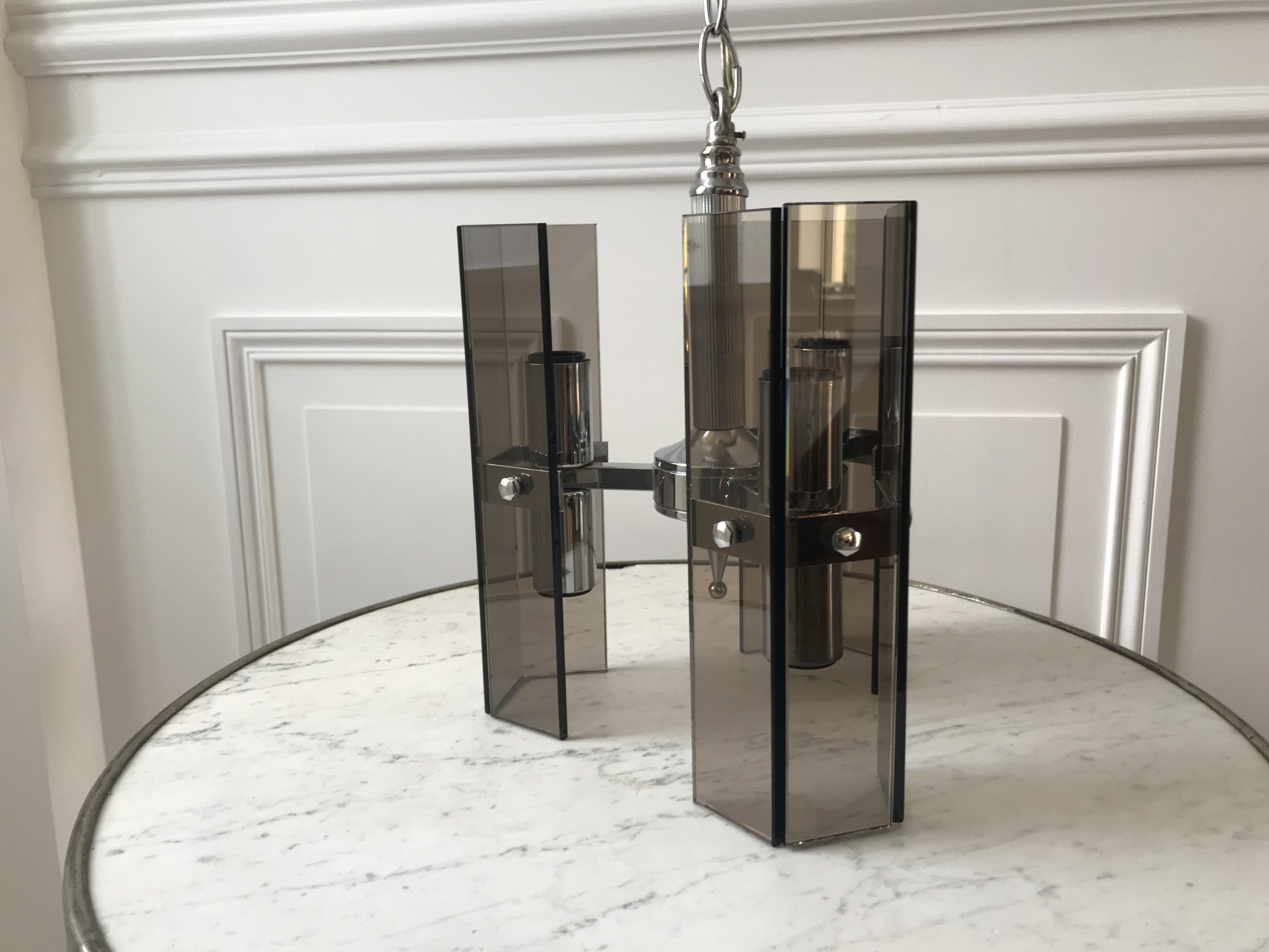 Chrome metal pendant lamp and smoked glass futuristic style 70s