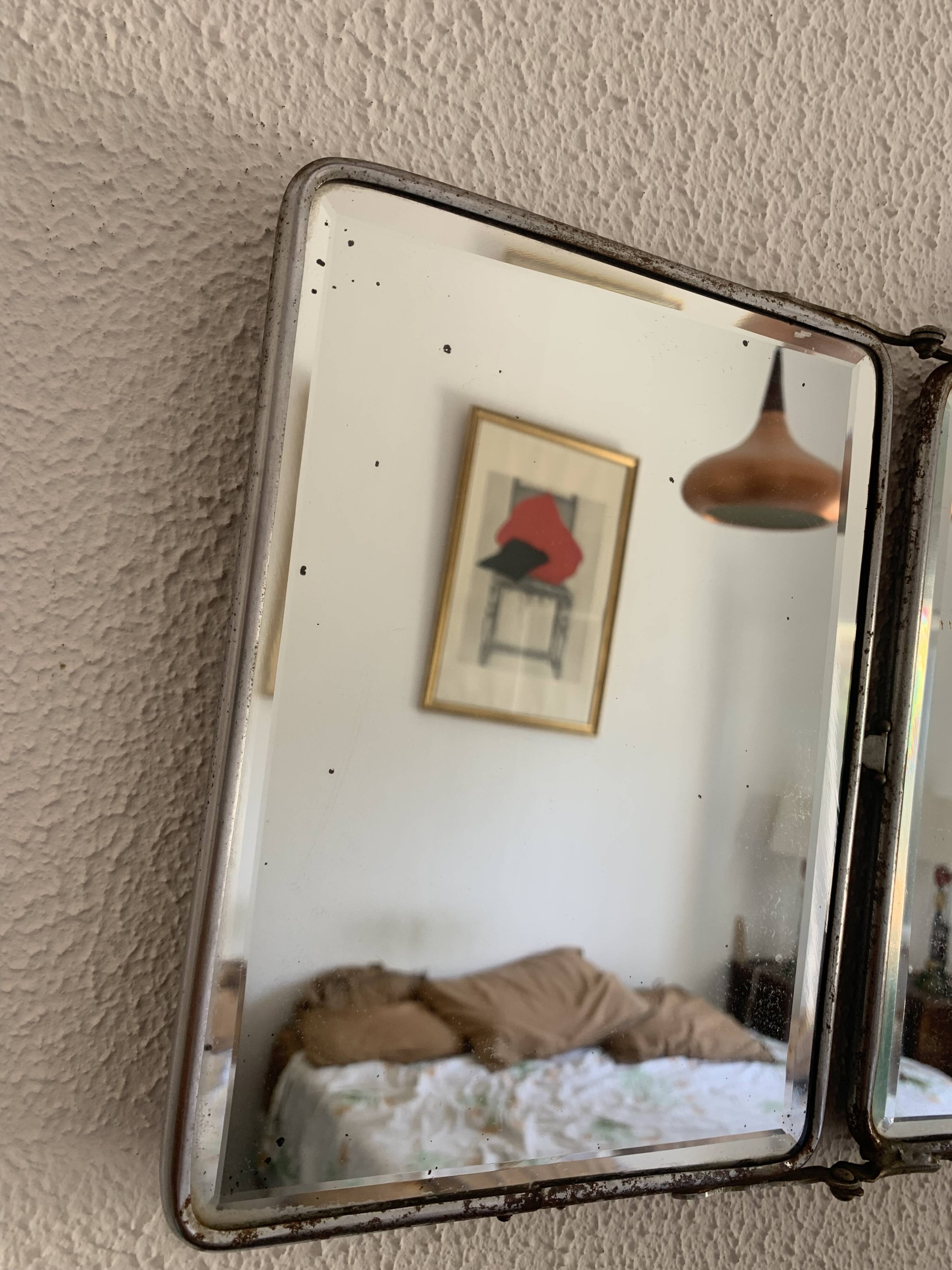 Vintage 1930s barber triptych mirror with camouflage beveled glass - 25 x 59 cm