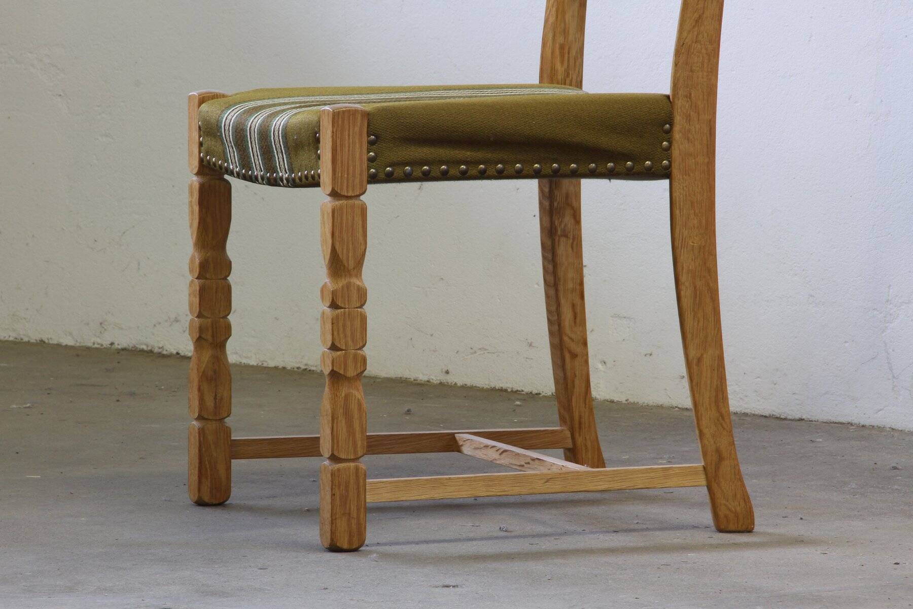 Danish modern brutalist oak dining chairs by Henning Kjærnulf, 1960s, set of 6