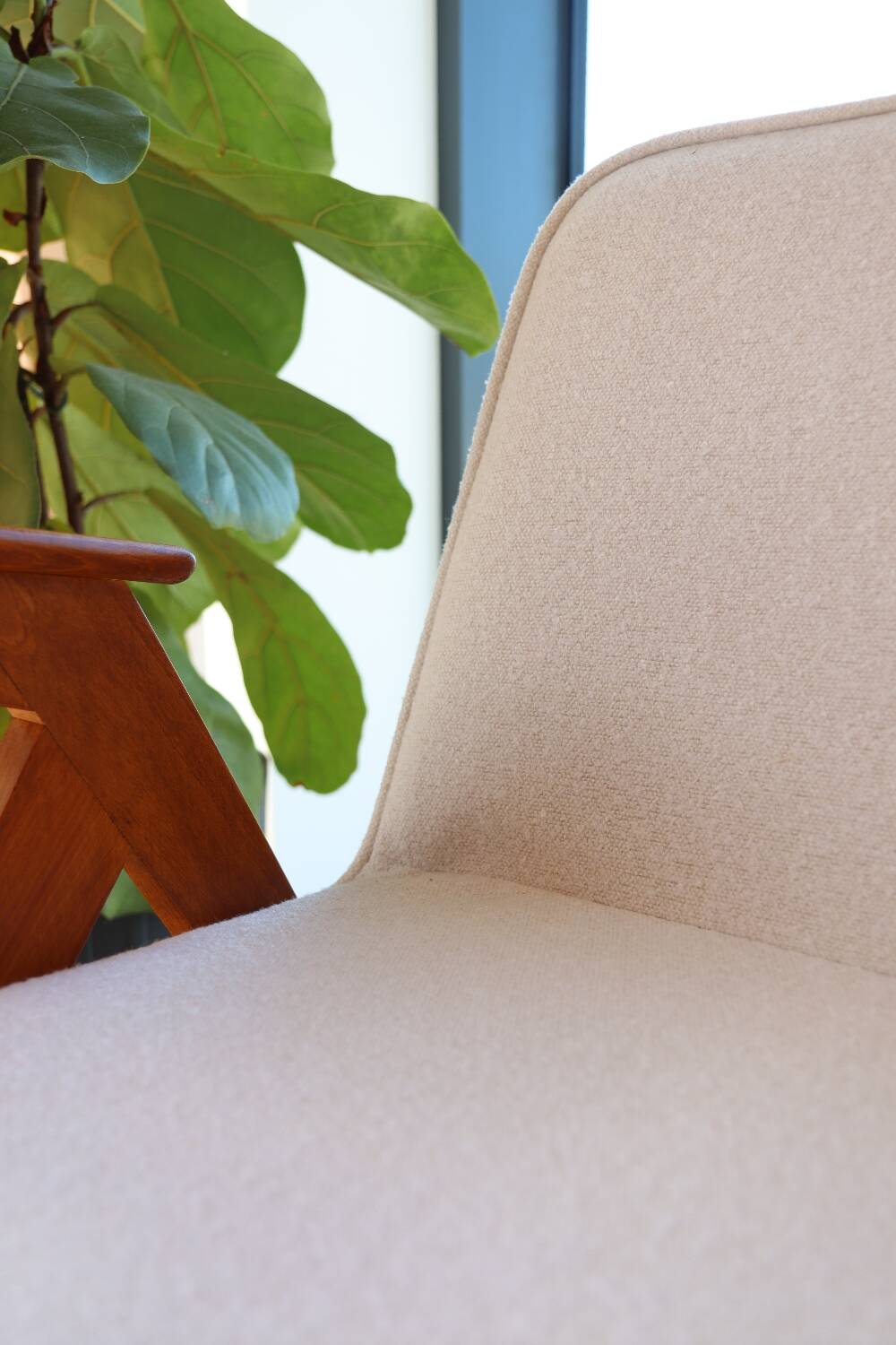Vintage armchair white curly natural wood boho design by Chierowski 1970