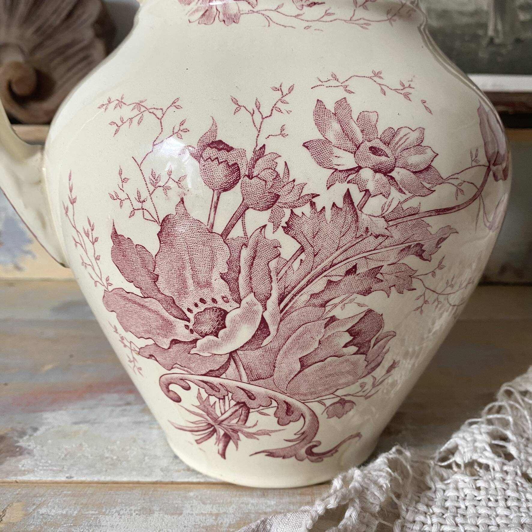 Large ironstone jug St Amand Anemone, antique pitcher