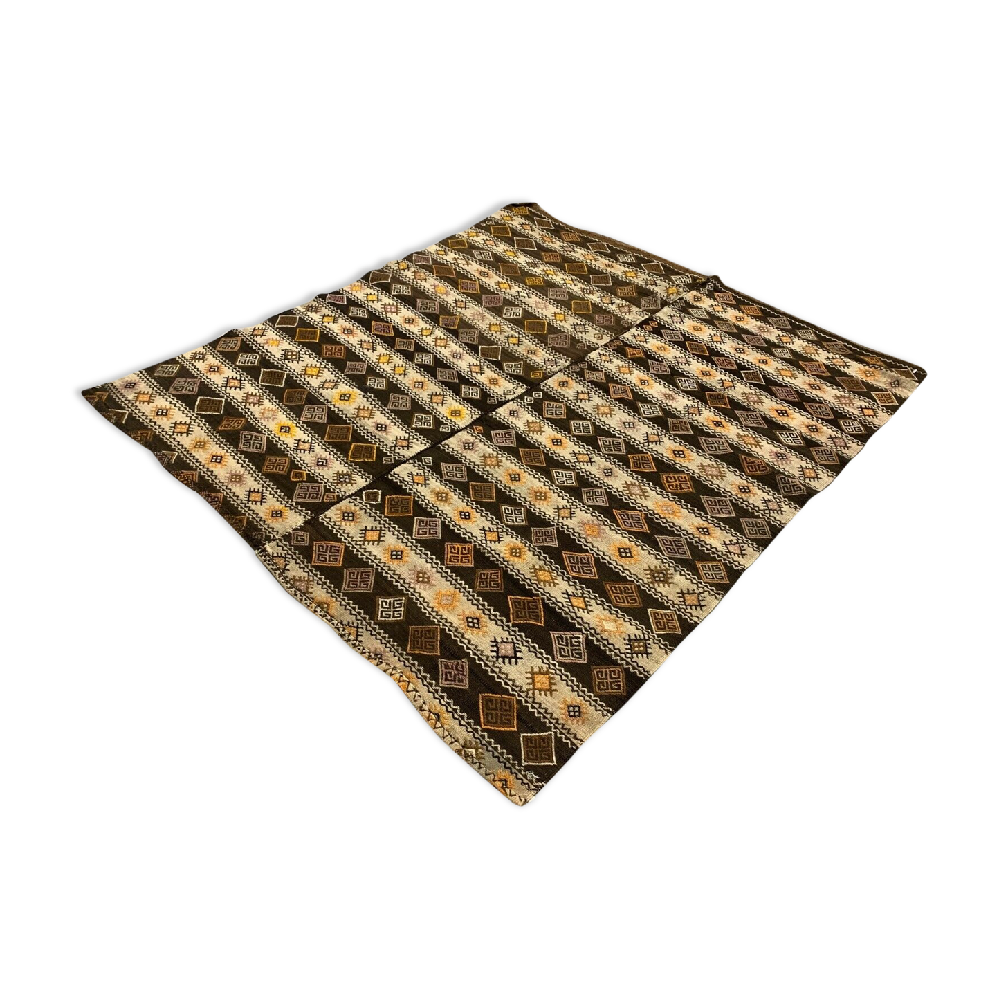 Vintage Turkish Kilim 222x190 cm wool kelim rug Beige, Brown, Black, Large