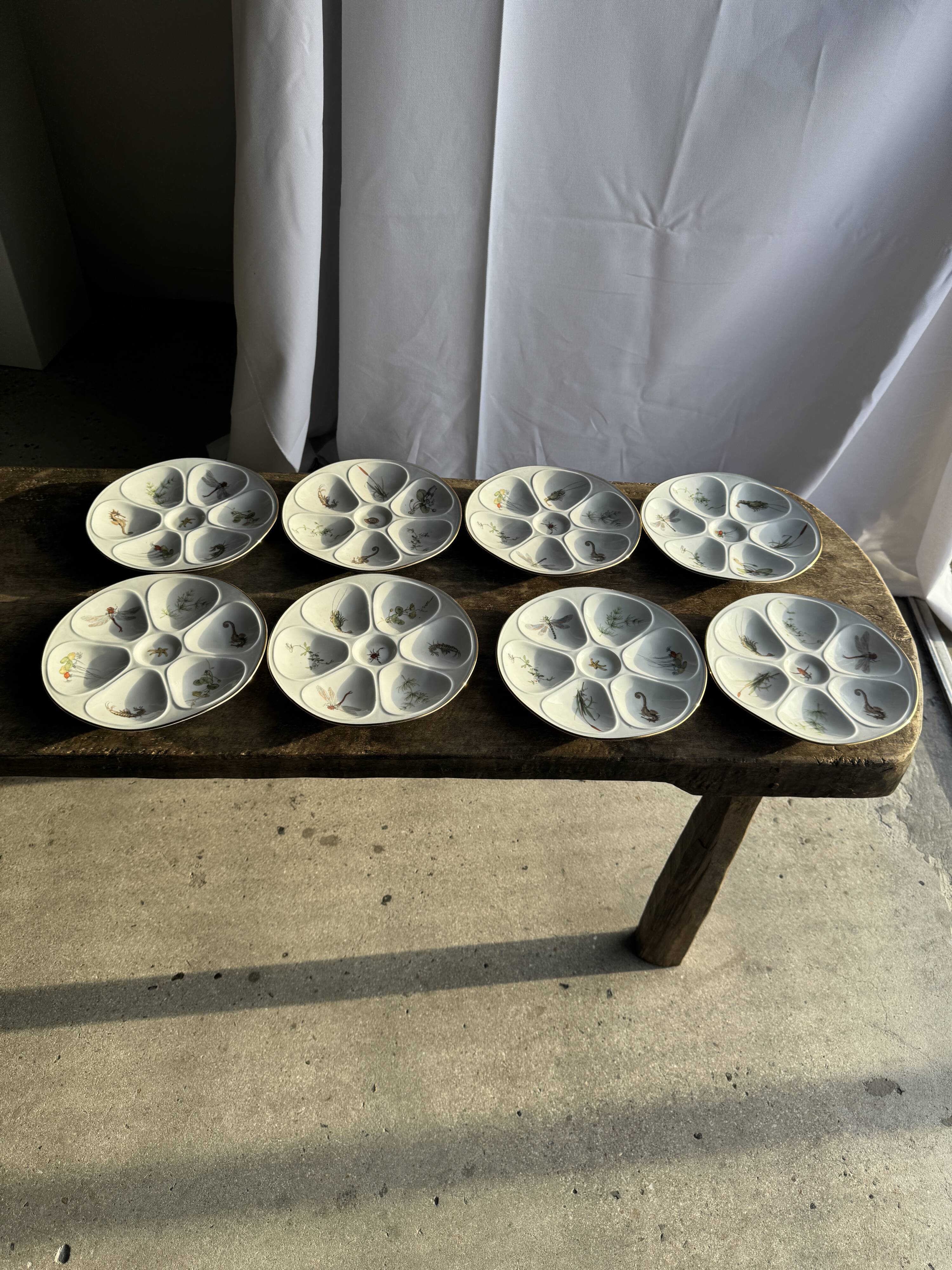 Set of 8 oyster plates or compartment plates, aquatic model Lourioux Fo.