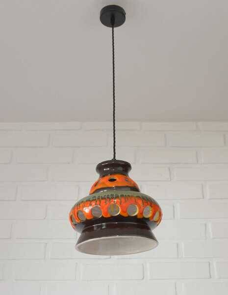 Vintage ceramic pendant light: 1970s rustic handmade chandelier