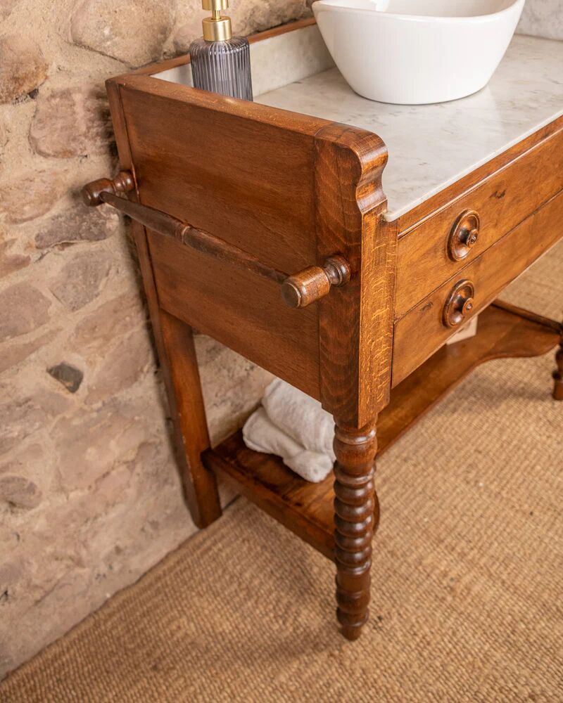 Marble and wood washbasin cabinet in Louis-Philippe style with double drawer.