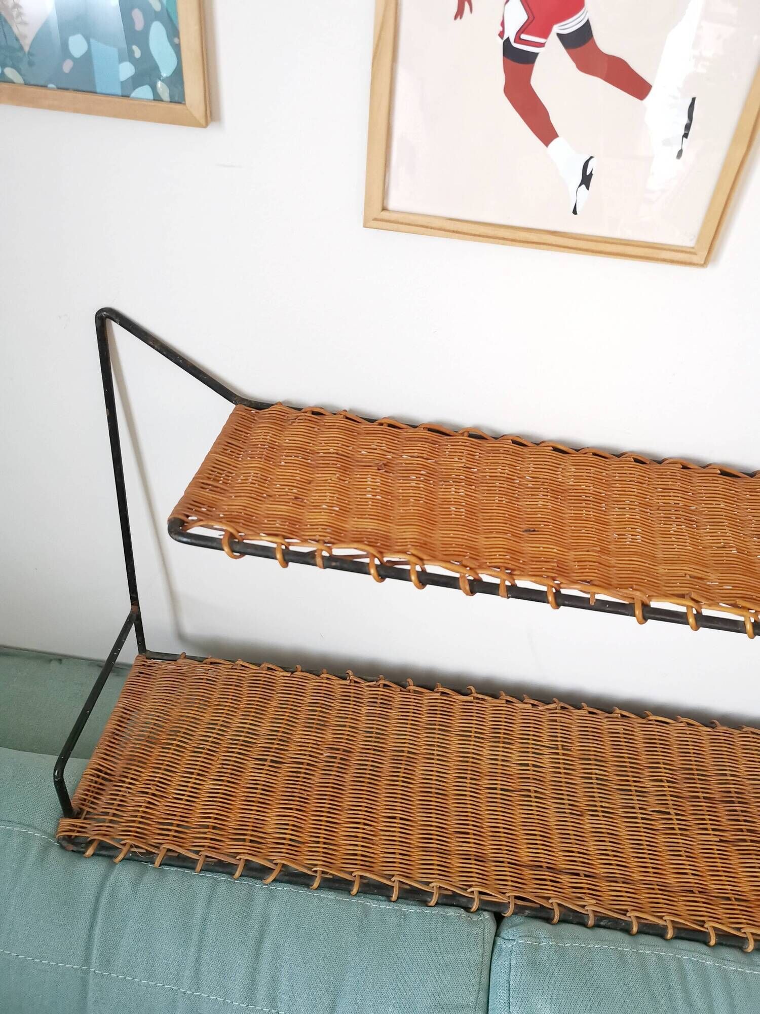 Double shelf Raoul Guys 50s wrought iron and wicker, vintage rattan