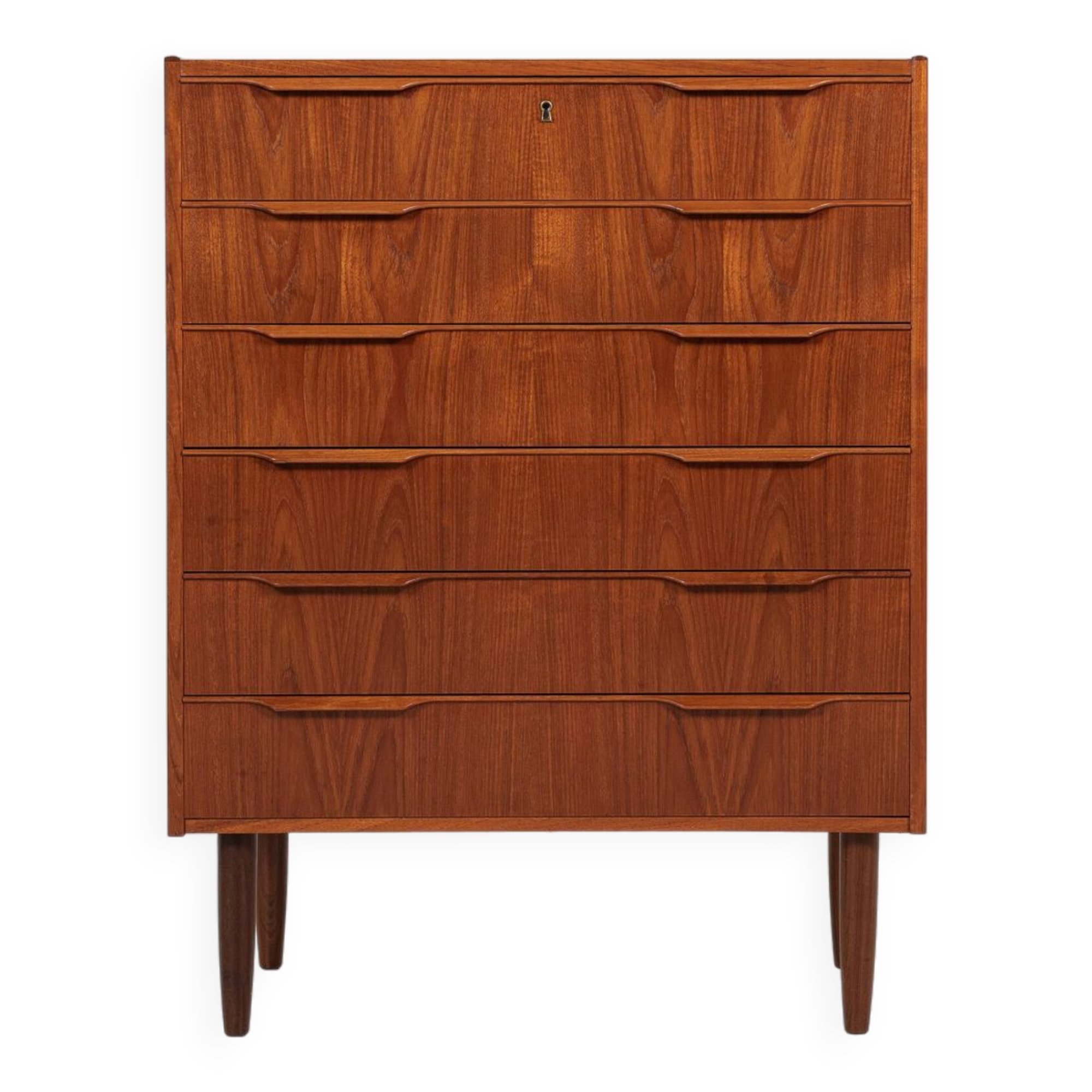 Commode danoise vintage à 6 tiroirs en teck 1960 - longue poignée de tiroir avec 2 poignées