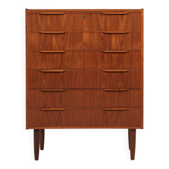 Midcentury Danish chest of 6 drawers in teak 1960s - long drawer handle with 2 handles