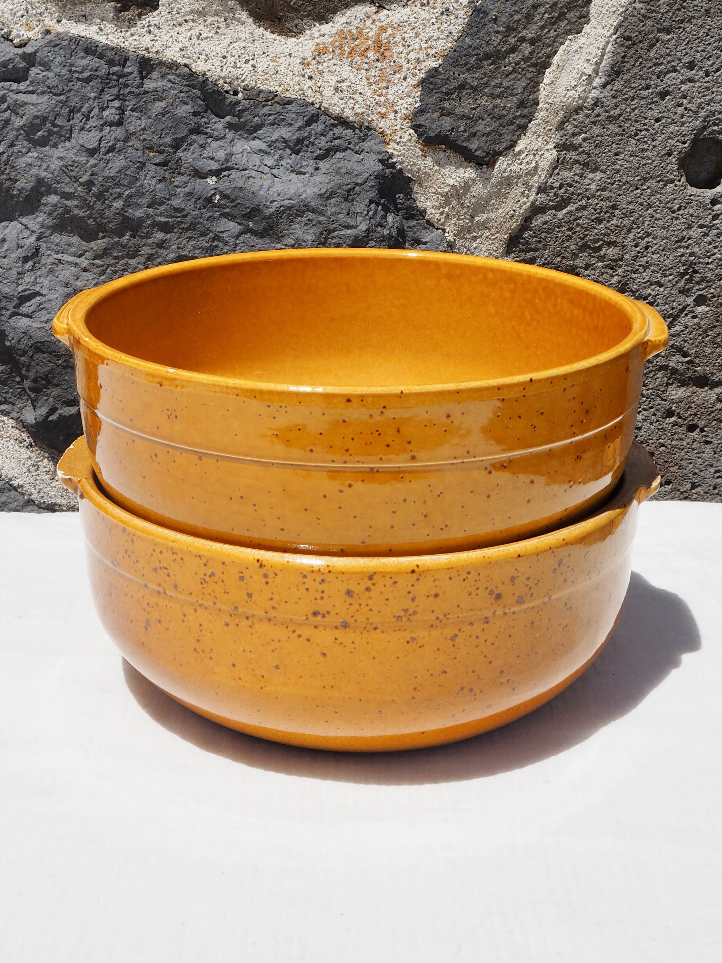 Pair of glazed ceramic salad bowls mustard LPM