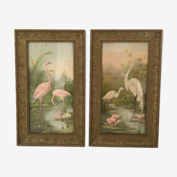 Paire de tableaux flamant rose