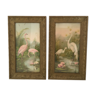 Paire de tableaux flamant rose